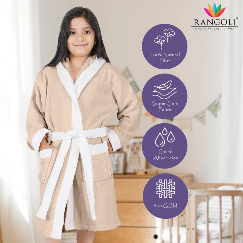 Rangoli Noble 100% Cotton Terry Kids Bathrobe - Beige, 400 GSM, Hooded with Pockets - Image 2
