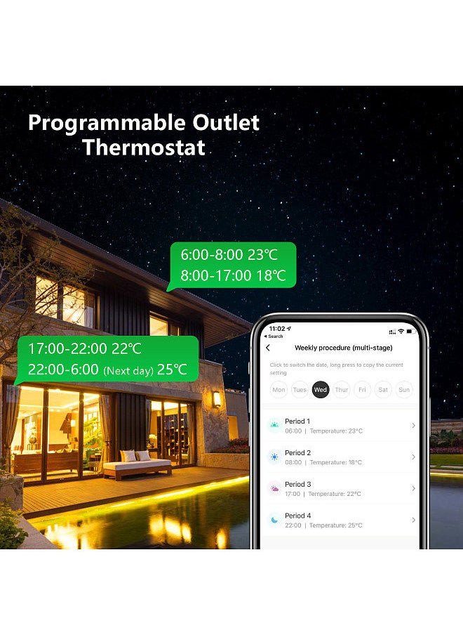 Programmable Smart Wifi Thermostat Plug Outlet Mini Temperature Controller 15A Plug-in Socket APP Control Voice Control Schedule Timer Electric Switch for Heating Cooling Appliances