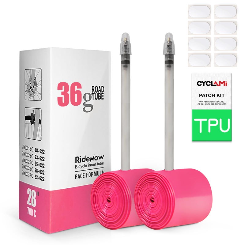 Cyclami RideNow TPU Tube 28'' 700C x 18C 23C 25C 28C 32C Road Bike Inner Tire Presta Valve 85mm Length Compatible with 700 x 18C-32C Ultralight (Include 8 PCS Bike Inner Tire Patch) - Image 1
