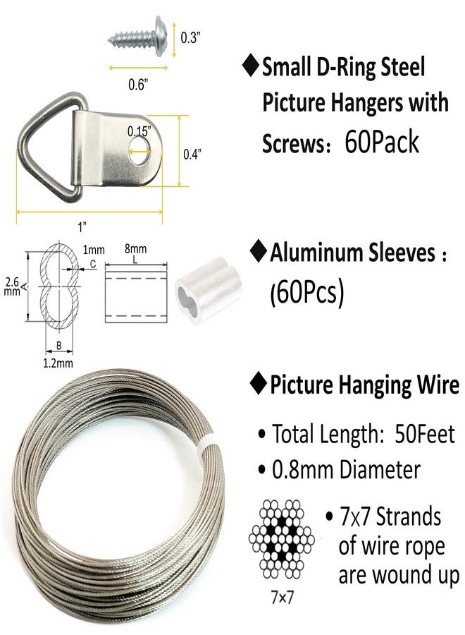 EesTeck 181 Pack Picture Hanging Kit-Small Triangle Ring Picture Hangers with Screws,50Feet 0.8mm Picture Hanging Wire and Aluminum Sleeves - Image 5