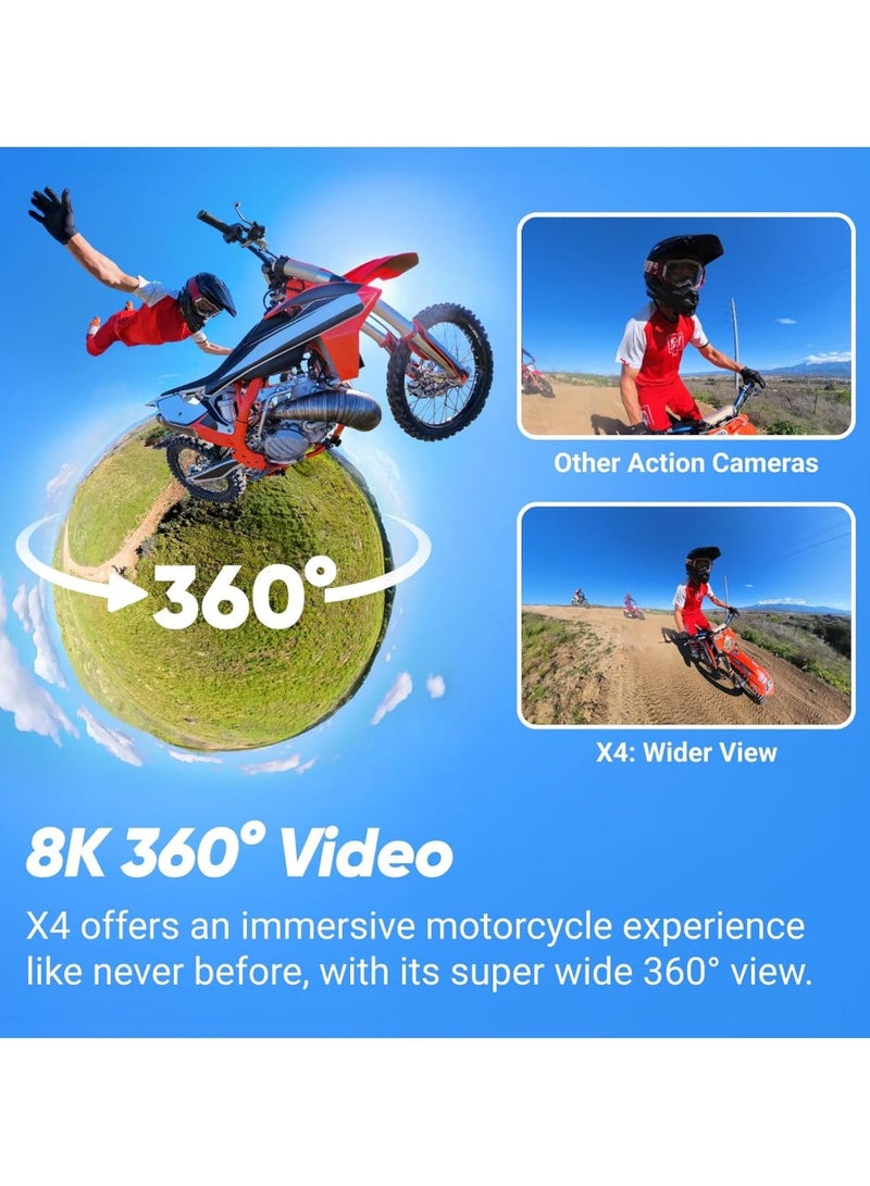 Insta360 X4 Motorcycle Bundle - 8K Waterproof 360 Action Camera, 4K Wide-Angle Video, 128GB Mcard, Removable Lens Guards, 135 Min Battery Life, AI Editing, Stabilization, for Sports - Image 2