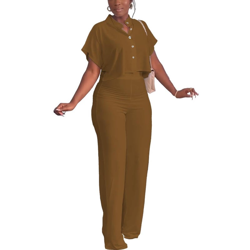 HBQ Women's Summer 2 Piece Outfits Casual Tracksuit Short Sleeve Button Down Crop Top Wide Leg Long Pant Lounge Sets,L,Brown Solid - Image 5