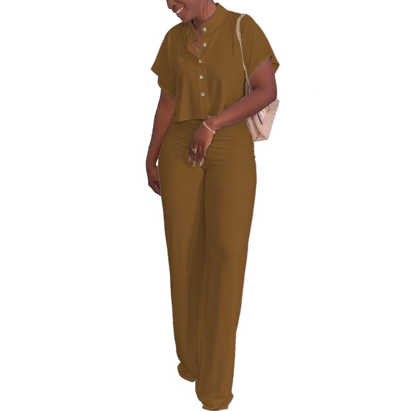 HBQ Women's Summer 2 Piece Outfits Casual Tracksuit Short Sleeve Button Down Crop Top Wide Leg Long Pant Lounge Sets,L,Brown Solid - Image 2