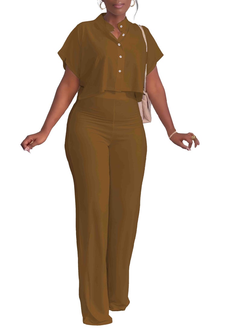 HBQ Women's Summer 2 Piece Outfits Casual Tracksuit Short Sleeve Button Down Crop Top Wide Leg Long Pant Lounge Sets,L,Brown Solid - Image 1
