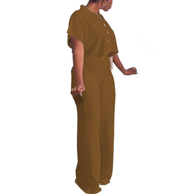 HBQ Women's Summer 2 Piece Outfits Casual Tracksuit Short Sleeve Button Down Crop Top Wide Leg Long Pant Lounge Sets,L,Brown Solid - Image 3