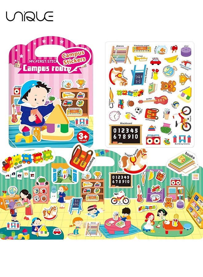 Unique Portable Jelly Quiet Books for Toddlers 3-6,Enlightenment Puzzle Cognitive Paste Book，Reusable Stickers, Quiet Busy Book Preschool Learning Activities Travel Toys for Girls Boys Ages 3-6, Campus Stick - Image 1