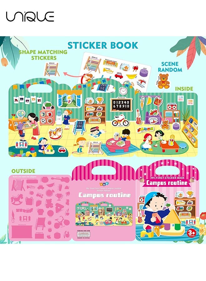Unique Portable Jelly Quiet Books for Toddlers 3-6,Enlightenment Puzzle Cognitive Paste Book，Reusable Stickers, Quiet Busy Book Preschool Learning Activities Travel Toys for Girls Boys Ages 3-6, Campus Stick - Image 3