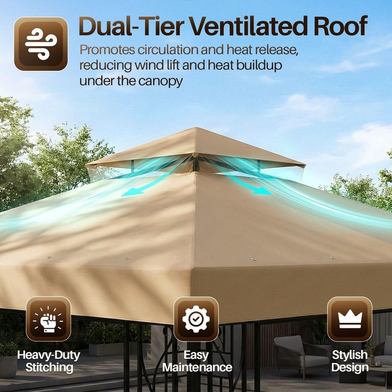 Flexzion 8x8 Gazebo Canopy Replacement Top Waterproof Cover - Outdoor Gazebo Canopy Cover - Double Tier UV30 Cover for Canopies, Garden, Patio, Yard Tent (Beige) - Image 5