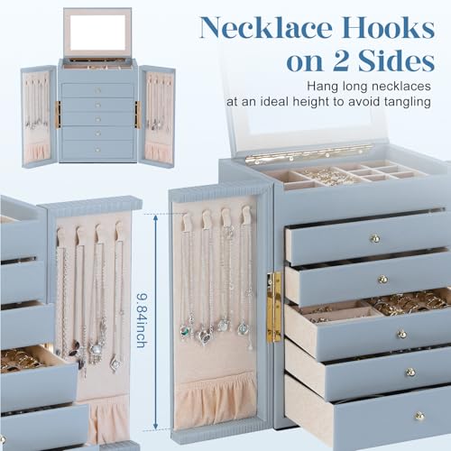 Dajasan Large Jewelry Organizer Box with Mirror, Jewelry Storage Organizer with 5 Drawers, 6-Tier Jewelry Gift Box for Women, Girls, Friends, Wife or Mother, Gift Idea (Smoky Blue) - Image 2