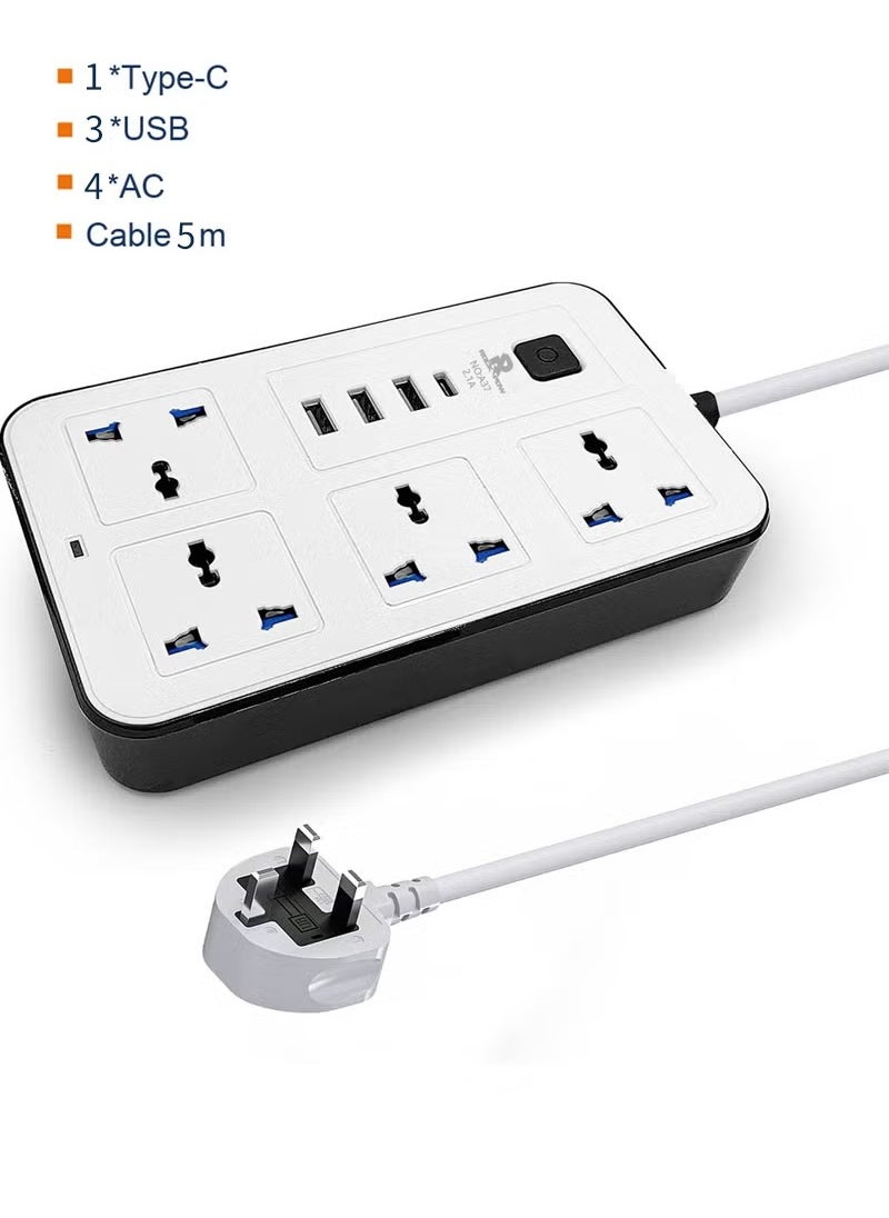 Rock Pow 5 meters Universal Extension Cord with 4 Power Socket and 3 USB Slots 5 meter 4 Way Power Strip with USB type C PD Charging slot Extension Lead 5 meter  - Image 1