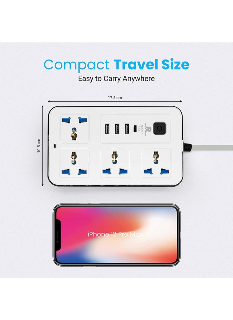 Rock Pow 5 meters Universal Extension Cord with 4 Power Socket and 3 USB Slots 5 meter 4 Way Power Strip with USB type C PD Charging slot Extension Lead 5 meter  - Image 3