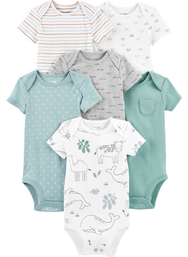Simple Joys by Carter's Unisex Babies' Short-Sleeve Bodysuit, Pack of 6, Animal/Stripe/Geo Tile, 12 Months - Image 1