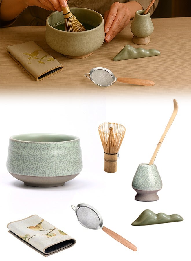 7-Piece Matcha Tools Kit, Japanese Tea Set Gift Box, Includes Matcha Latte Cup Bowl Bamboo Whisk Scoop Holder Stainless Steel Sifter And Waterproof Mat  - Image 1