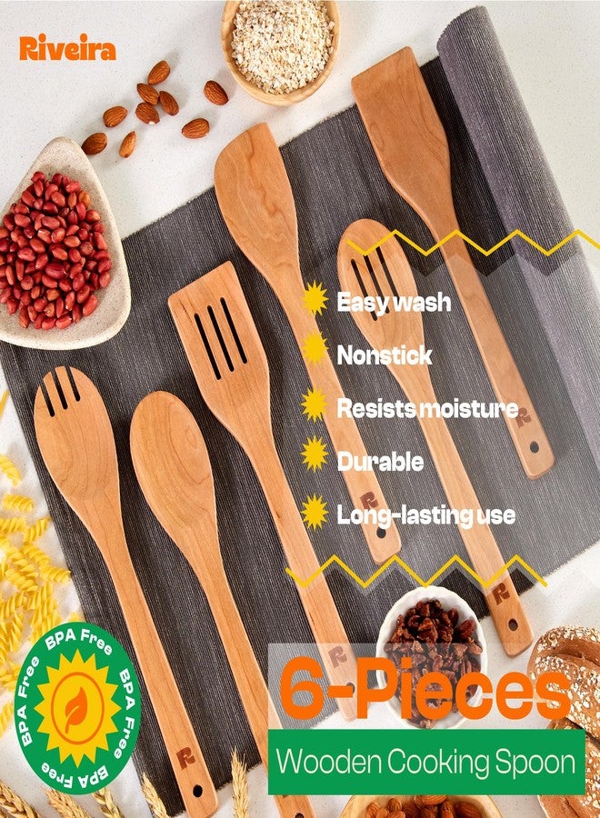 Riveira Cherry Wooden Spoons for Cooking Set of 6 - Natural Cherry Wooden Cooking Utensils, Wooden Spatula, Wooden Spoon - Premium Quality Wooden Utensil Set for Non-Toxic Cooking - Image 5