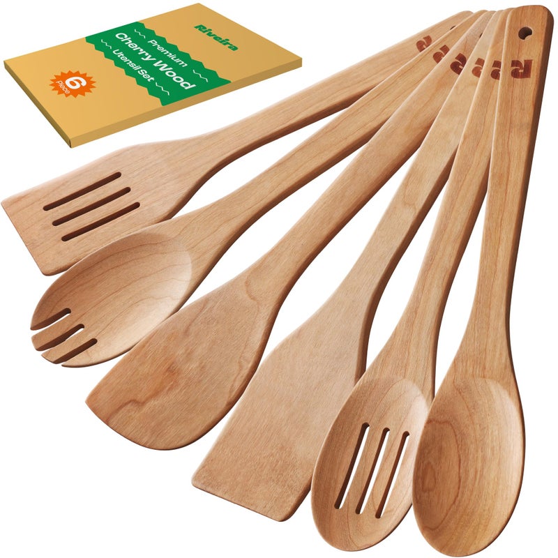 Riveira Cherry Wooden Spoons for Cooking Set of 6 - Natural Cherry Wooden Cooking Utensils, Wooden Spatula, Wooden Spoon - Premium Quality Wooden Utensil Set for Non-Toxic Cooking - Image 1