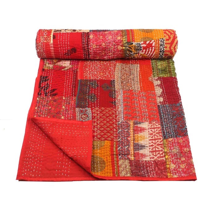 HANDICRAFT SILK KANTHA QUILT KANTHA BED COVER HANDMADE KANTHA BEDSPREAD KANTHA BLANKET THROW04 TWIN 60X90 INCHES SINGLE BED