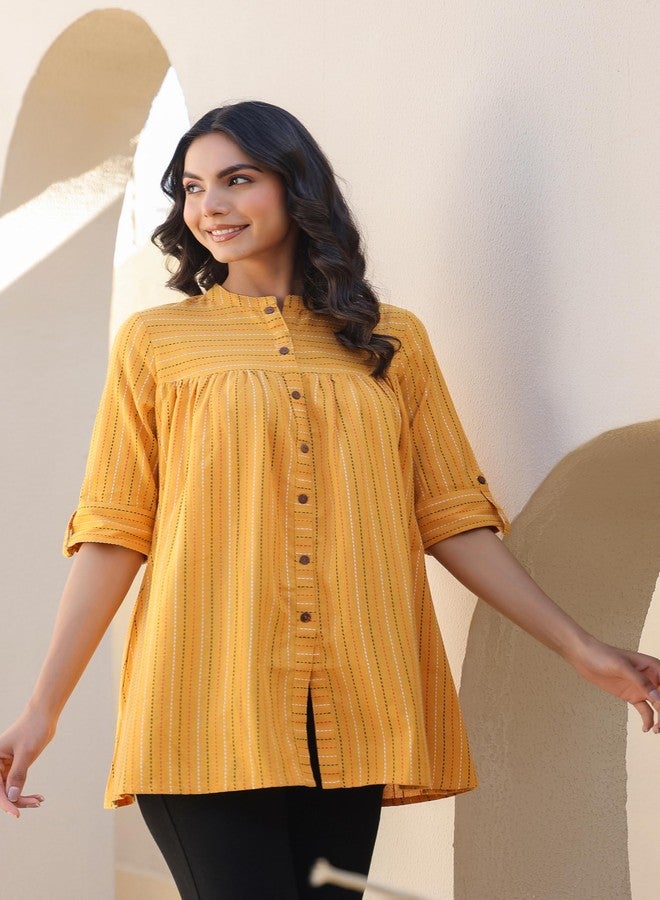 Janasya Women's Mustard Pure Cotton Woven Design Gathered Tunic (J0119-TP-RE-L) - Image 5