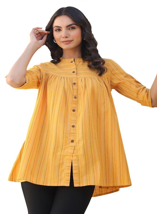 Janasya Women's Mustard Pure Cotton Woven Design Gathered Tunic (J0119-TP-RE-L) - Image 1