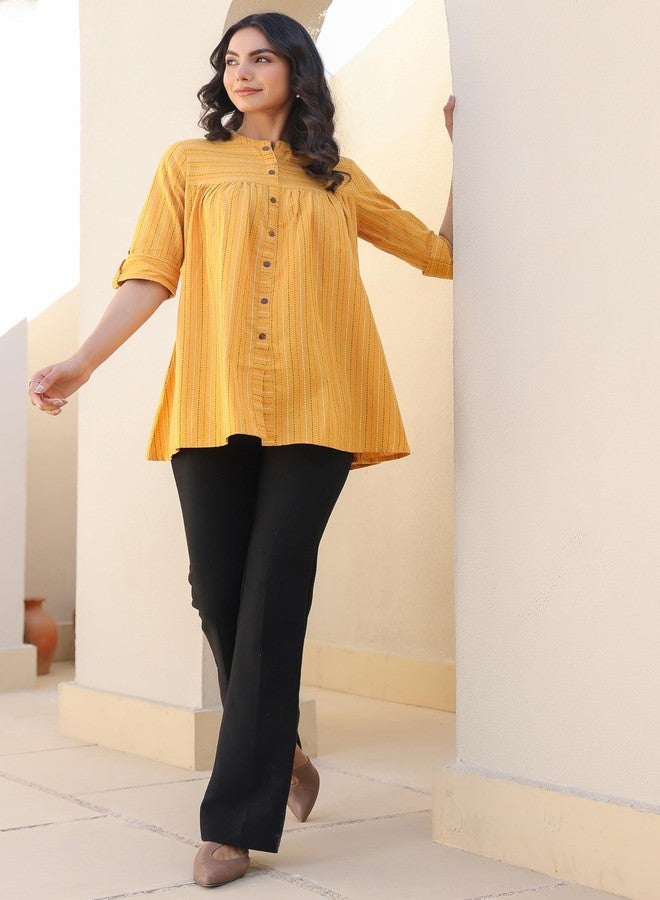 Janasya Women's Mustard Pure Cotton Woven Design Gathered Tunic (J0119-TP-RE-L) - Image 3