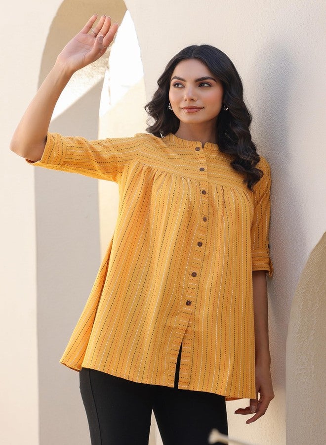 Janasya Women's Mustard Pure Cotton Woven Design Gathered Tunic (J0119-TP-RE-L) - Image 2