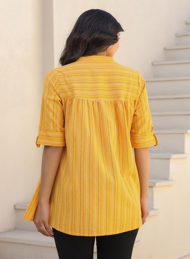Janasya Women's Mustard Pure Cotton Woven Design Gathered Tunic (J0119-TP-RE-L) - Image 4