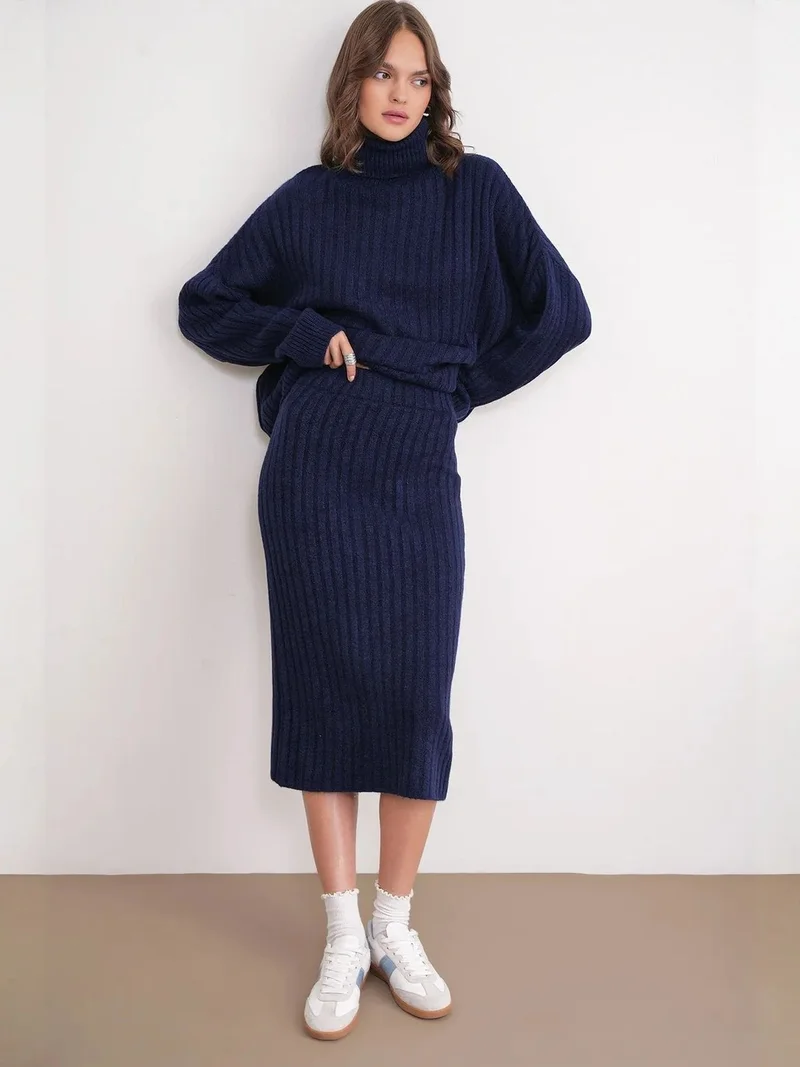 Mixray Navy Blue MIXRAY High Waist Ribbed Knit Skirt for Women | Best Price UAE