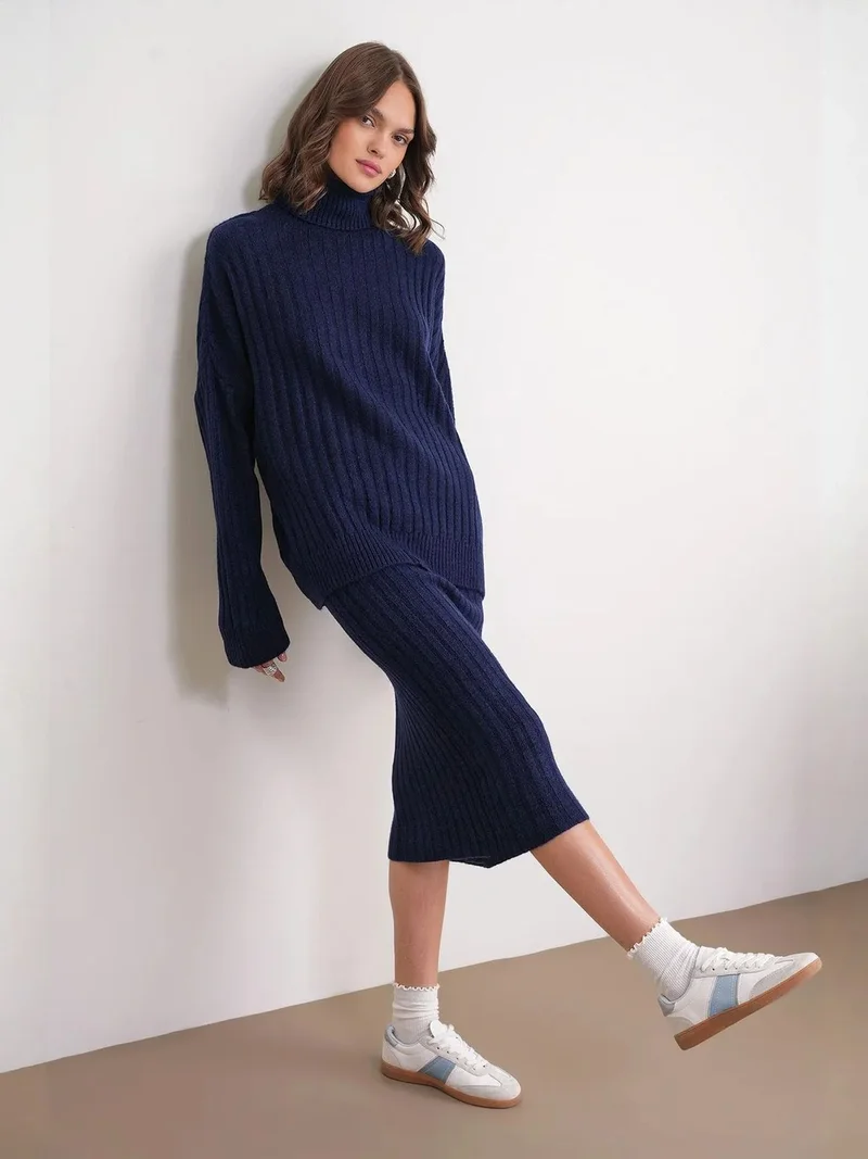 Mixray Navy Blue MIXRAY High Waist Ribbed Knit Skirt for Women | Best Price UAE