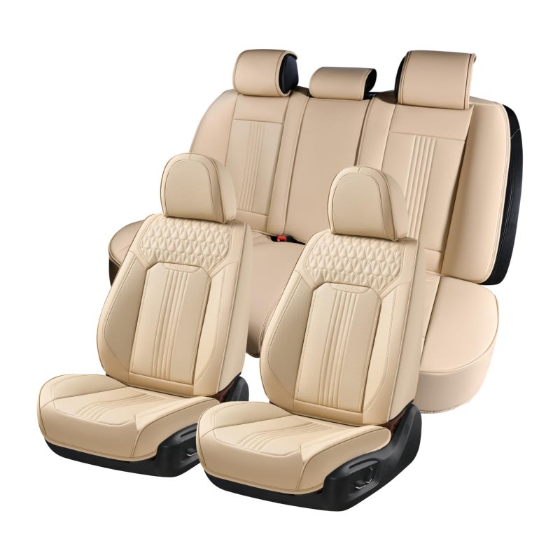Coverado Seat Covers Car Seat Covers Full Set Beige Seat Cover Front Seats Back Seat Cover Waterproof Car Seat Cushion Leather Car Seat Protector Universal Fit Most Cars