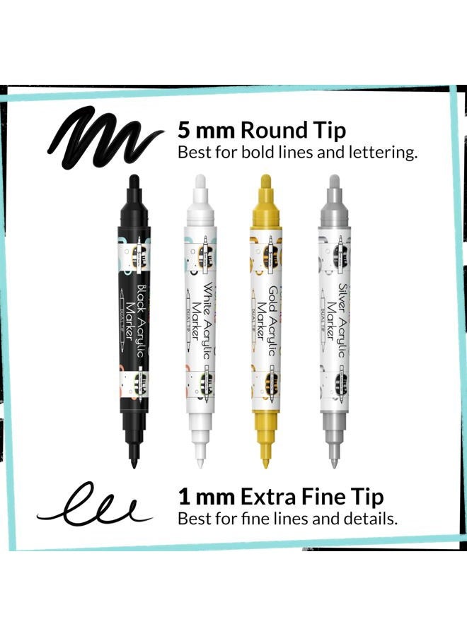 Funcils 4 Dual Tip Acrylic Paint Pens - Fine Tip & Medium, Permanent & Waterproof - Acrylic Paint Markers for Rock Painting, Canvas, Wood, Ceramic, Glass, Fabric, Metal - White, Black, Gold & Silver - Image 2