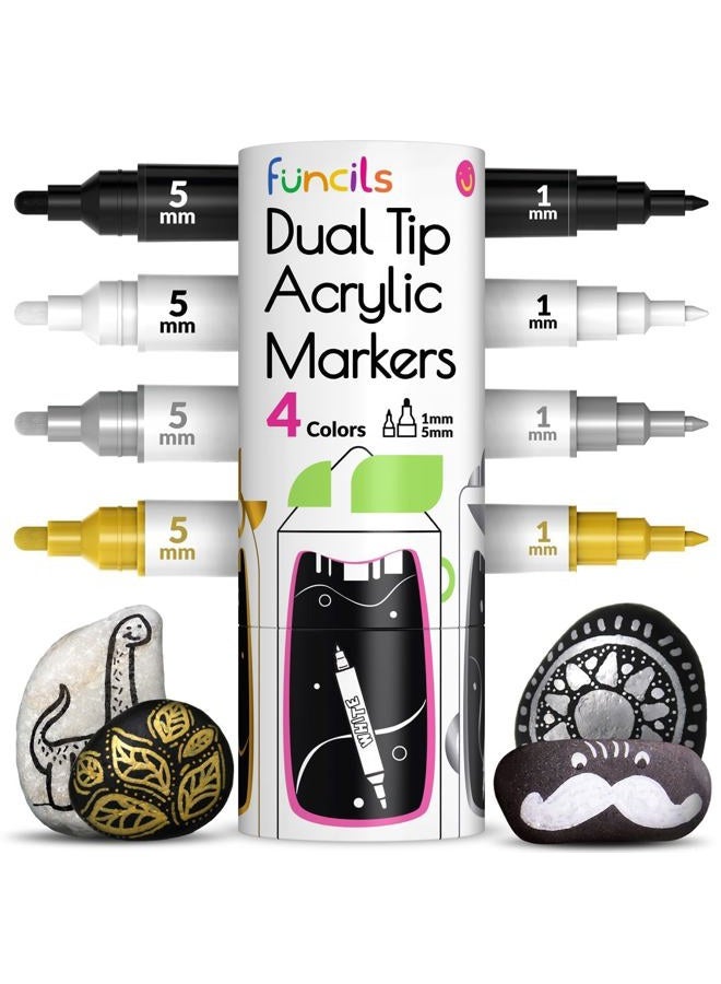 Funcils 4 Dual Tip Acrylic Paint Pens - Fine Tip & Medium, Permanent & Waterproof - Acrylic Paint Markers for Rock Painting, Canvas, Wood, Ceramic, Glass, Fabric, Metal - White, Black, Gold & Silver - Image 1