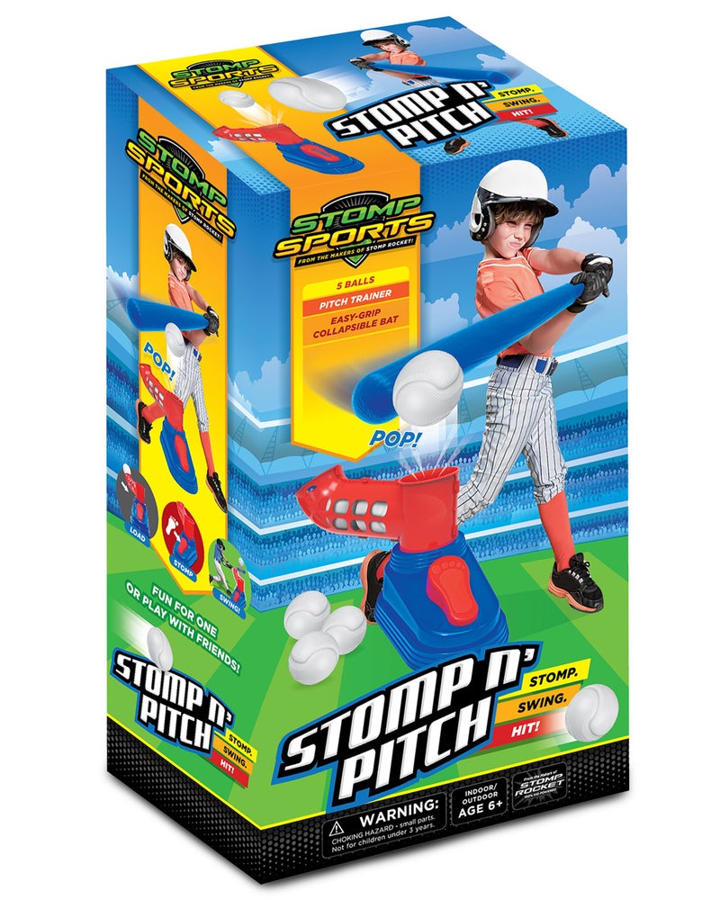 Stomp Rocket Stomp N Pitch Baseball Pitching Machine Kids Easter Basket Stuffers - Baseball Training Machines for Boys & Girls with Collapsible Bat, Launcher & 5 Balls - Outdoor Sports Gear & Toys - 6+ Year Olds - Image 1