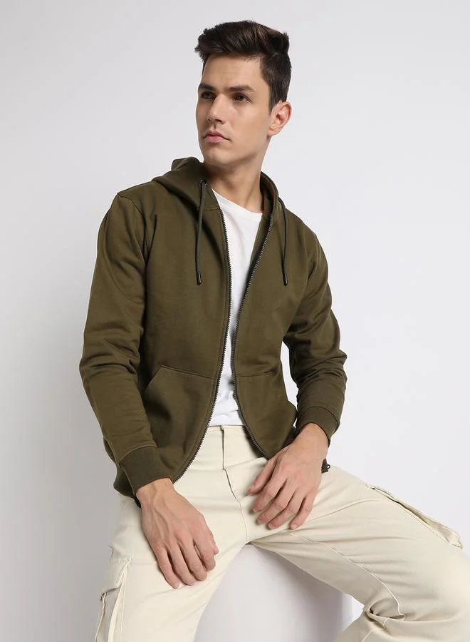 Dennis Lingo Solid Hooded Sweatshirt with Zip Closure by Styli