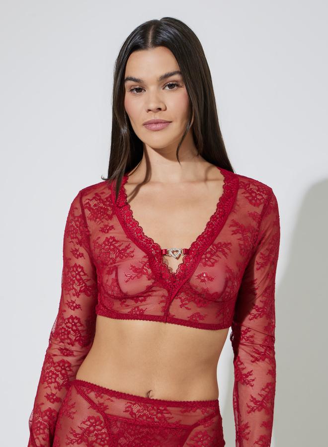 Styli Pack Of 3 - Floral Mesh Fitted Crop Top With Metal Heart Trim, Skirt And Brief Set - Image 3