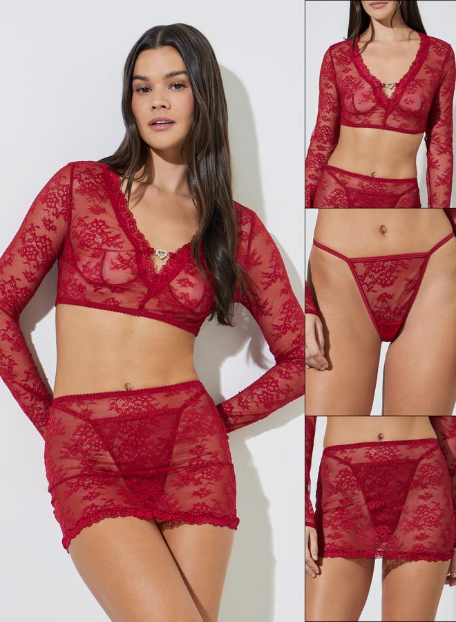 Styli Pack Of 3 - Floral Mesh Fitted Crop Top With Metal Heart Trim, Skirt And Brief Set - Image 2