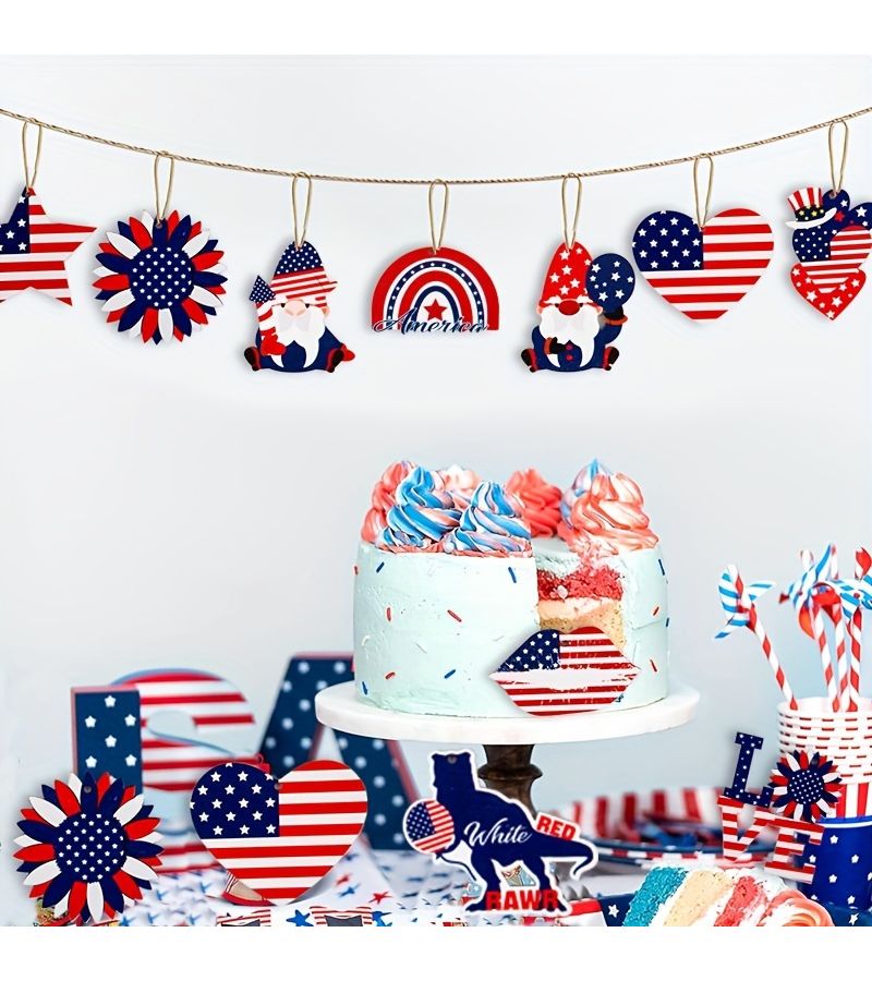 Patriotic 4th Of July Wooden Decorations American Independence Day Hanging Signs With Stars Stripes Gnome Designs 10pcs For Home Decor - Image 2