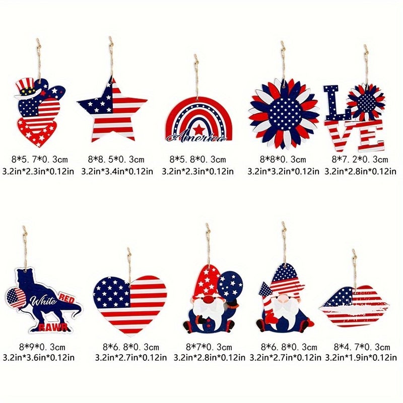 Patriotic 4th Of July Wooden Decorations American Independence Day Hanging Signs With Stars Stripes Gnome Designs 10pcs For Home Decor - Image 4