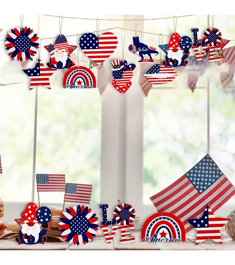 Patriotic 4th Of July Wooden Decorations American Independence Day Hanging Signs With Stars Stripes Gnome Designs 10pcs For Home Decor - Image 3