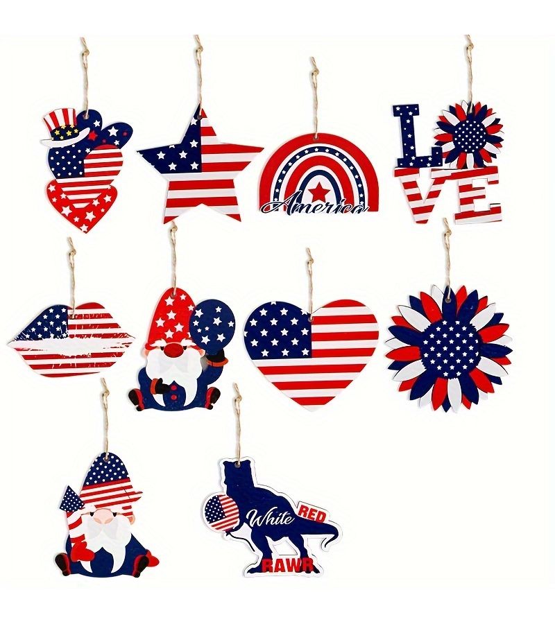 Patriotic 4th Of July Wooden Decorations American Independence Day Hanging Signs With Stars Stripes Gnome Designs 10pcs For Home Decor - Image 1