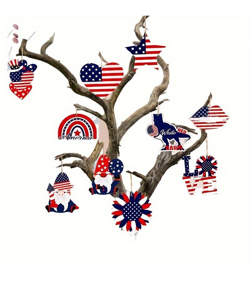 Patriotic 4th Of July Wooden Decorations American Independence Day Hanging Signs With Stars Stripes Gnome Designs 10pcs For Home Decor - Image 5