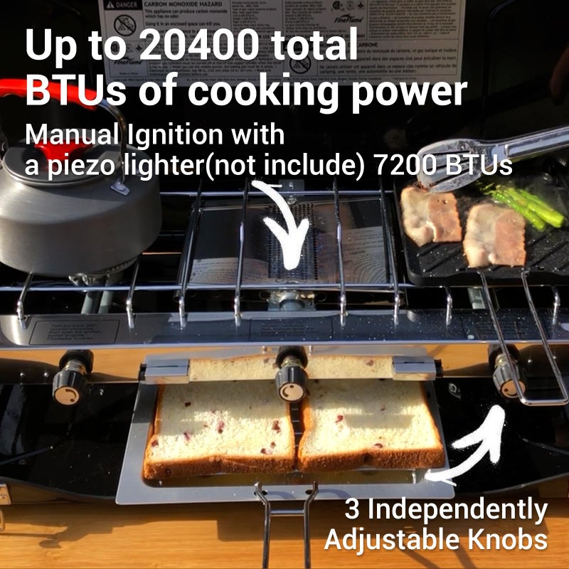FineFlame Camping Stove 3 Burner 20400 BTU Propane Portable Stove with Regulator, Toast Tray, Windshield for Car Camping BBQ Picnics Outdoor Cooking Camping Stove - Image 2