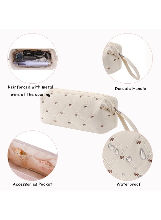 Large Quilted Hair Tools Travel Bag, Waterproof Storage Case with Bow Pattern for Hair Dryers & Styling Accessories, Beige - Image 2