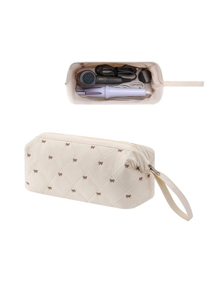 Large Quilted Hair Tools Travel Bag, Waterproof Storage Case with Bow Pattern for Hair Dryers & Styling Accessories, Beige - Image 1