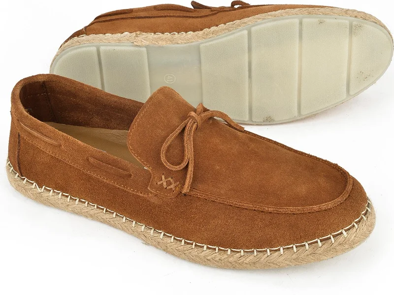 زيا , Men's Genuine Leather Espadrille Shoes 1411036ZI302 Tan