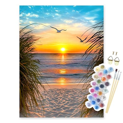 NPCSWXQ Paint By Numbers Kit for Adults Beginners, Beach Sunset Oil Acrylic Painting Crafts Number Artist Paint Kit for Home Wall Bedroom Study or Office Decor Gift 16x20Inch - Image 1