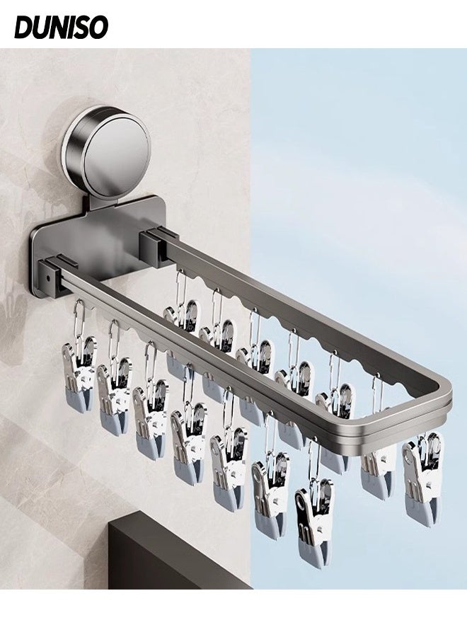 DUNISO Wall Mounted Clothes Hanger，Foldable Clothes Drying Rack with 14 clips，No Punching Socks Drying Rack，Sturdy and Durable，Space Saving，Used for Socks, Towels, Underwear, Clothing, Pants - Image 1