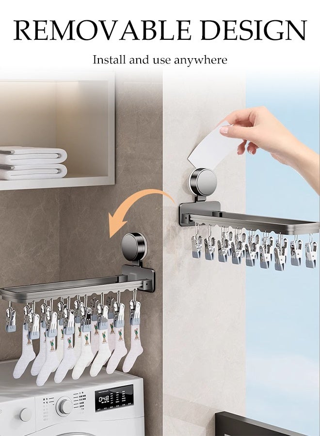 DUNISO Wall Mounted Clothes Hanger，Foldable Clothes Drying Rack with 14 clips，No Punching Socks Drying Rack，Sturdy and Durable，Space Saving，Used for Socks, Towels, Underwear, Clothing, Pants - Image 4