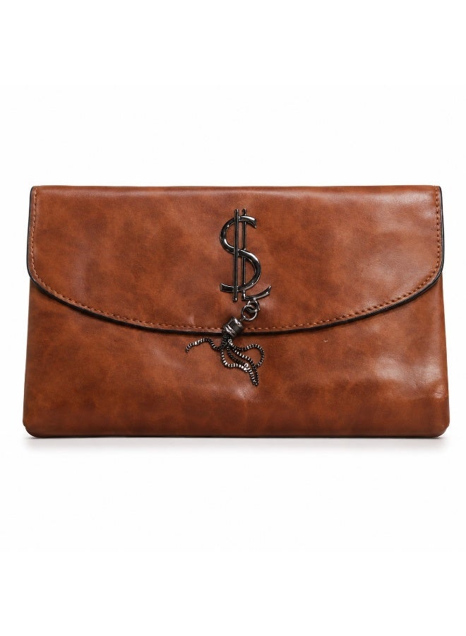 Women's clutch bag with a long strap, suitable for crossbody and shoulder carrying. Classic design with metal details, ideal for outings, evenings out, and special occasions - Havana - Image 1