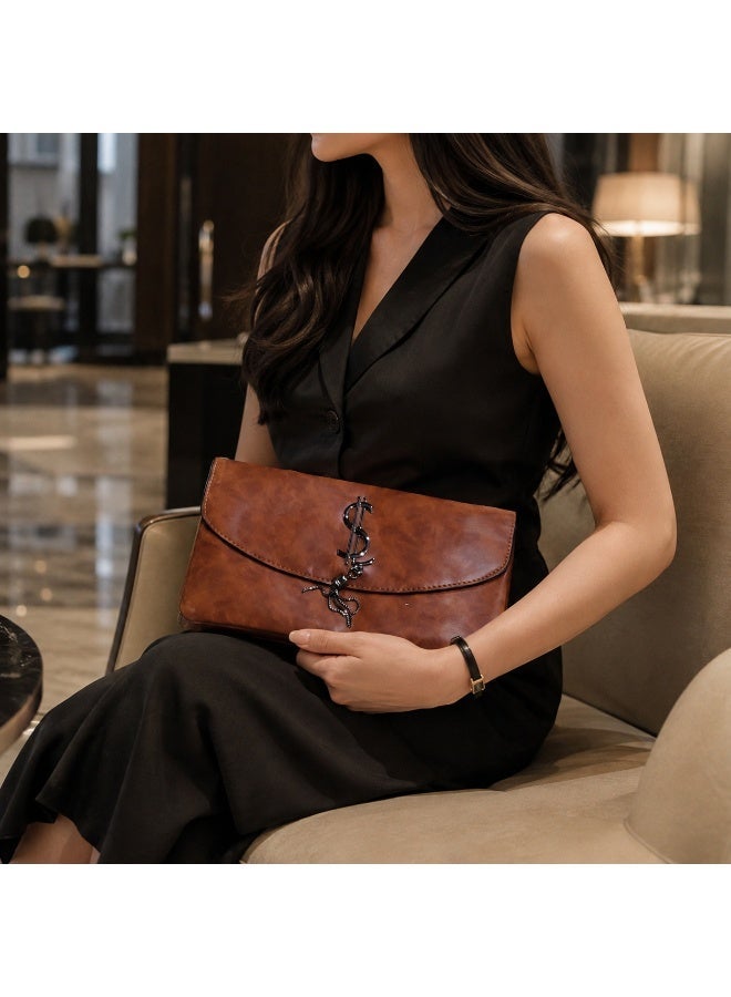 Women's clutch bag with a long strap, suitable for crossbody and shoulder carrying. Classic design with metal details, ideal for outings, evenings out, and special occasions - Havana - Image 2