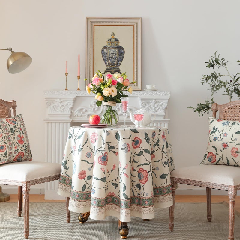ISAENNE Designer Chinoiserie Linen Floral Small Round Tablecloth,White Wrinkle Resistant Table Cloth,Elegant Decor Tablecloths for Dining Thanksgiving Kitchen Christmas,Diameter 55"-Daffy - Image 2