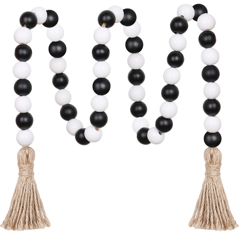 Meplait Wood Bead Garland  39in Farmhouse Beads with Tassels for Tiered Tray Decor  Black  White